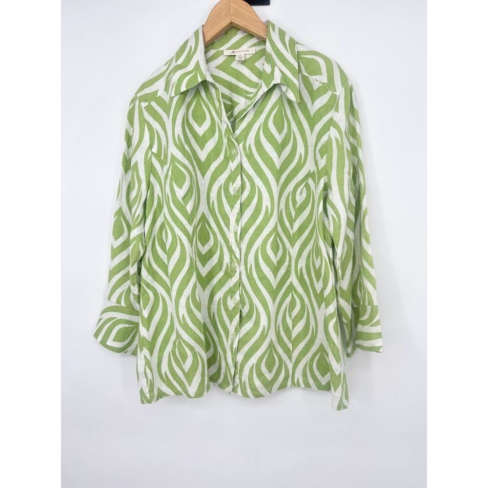 JM Collection 100% Linen Button Up Top Women 10 Modern Coastal Beachy Green